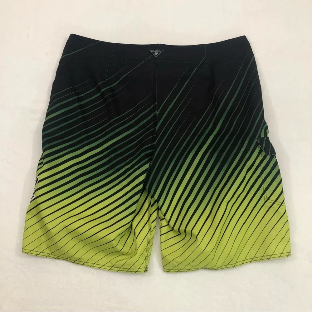O’Neill Surf Skate Lime Green Striped Pool Board Shorts Swim Trunk Mens Waist 38
